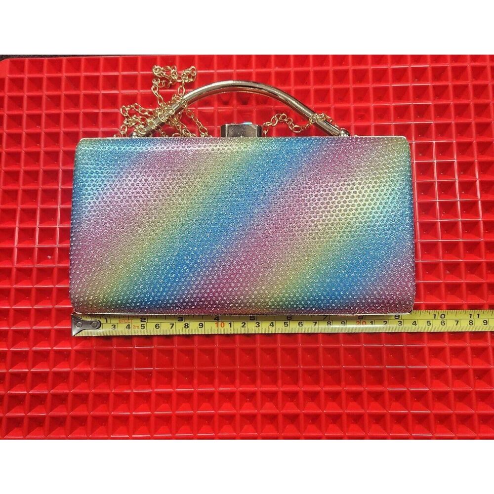 Rainbow Colored Rhinestone Clutch Purse Gold Tone Hardware - Picture 2 of 9